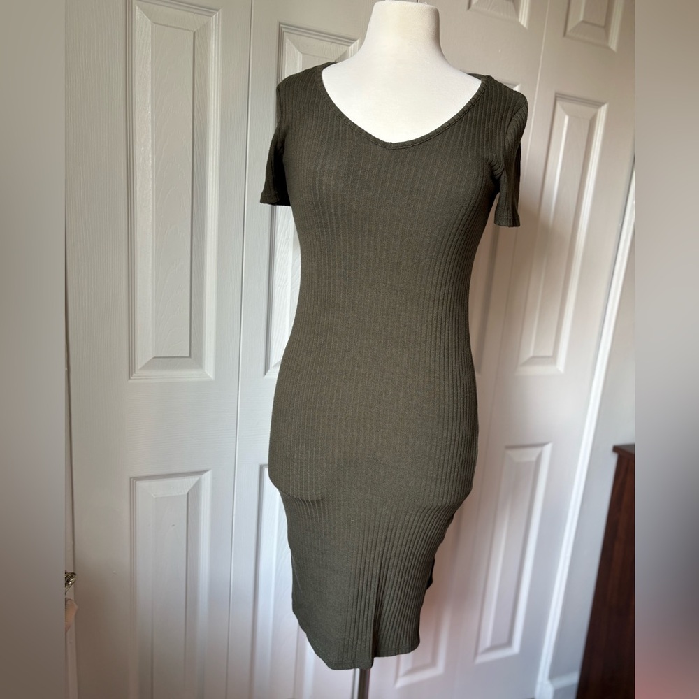 Olive Green Ribbed Midi Dress